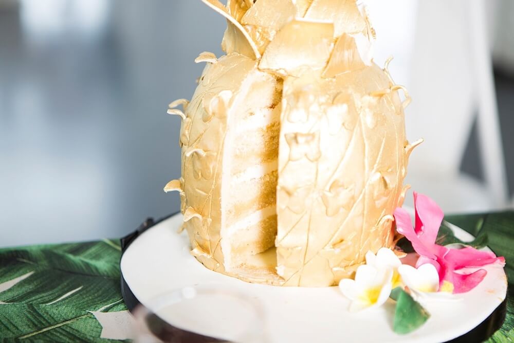 gold pineapple cake at exotic tropical wedding theme styled shoot by paola de paola via the gay wedding guide 8