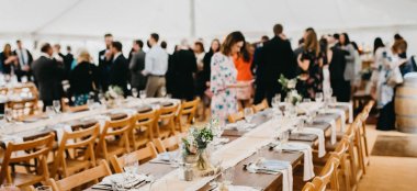 Guests Mill Inside Marquee At The Perch Rustic Wedding Venue Oxford Gay Wedding Guide 9 380X174