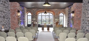 Indoor Barn Wedding Ceremony Setting At Wedding Venue Ballynahinch The Carriage Rooms A Barn Wedding Co Down 9 380X174