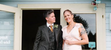 Jamie And Jessica Stand Together At Their Lesbian Wedding Photograph By Lea Attentive Via Gay Wedding Guide 6 380X174