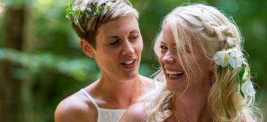 Lesbian Brides In Forest Closeup At Lesbian Wedding Photographer Liz O Malley Gay Wedding Guide 2 380X174