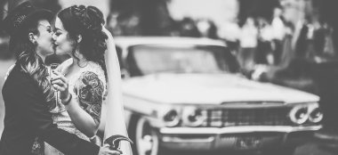 Lesbian Brides Kiss Infront Of Vintage Car At Lesbian Wedding Image By Gay Wedding Photographer Grw Photography1 6 380X174