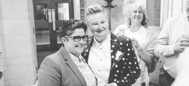 Lesbian Couple At Lesbian Wedding Temple Of Peace Cardif Wedding Venue Unique Via The Gay Wedding Guide 9 380X174