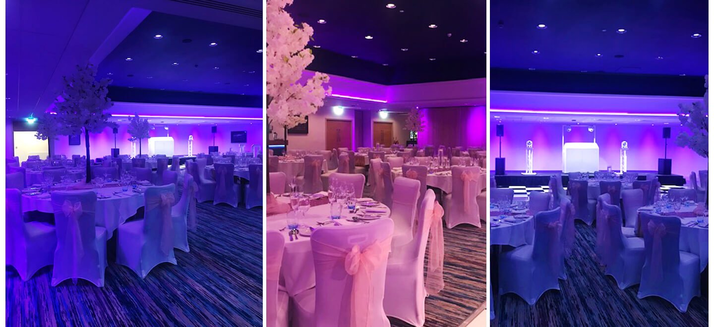 main wedding floor prepared for a wedding in strong purple color at oec in sheffield via gay wedding guide 1 9