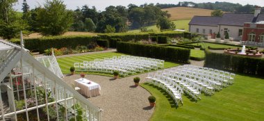 Outdoor Ceremony Setting At Wedding Venue Ballynahinch The Carriage Rooms A Barn Wedding Co Down 9 380X174