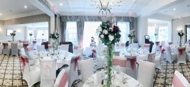 Restaurant Dressed For Wedding Reception At Bournemouth Hotel Miramar Gay Wedding Venue Guide 9 380X174