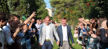 Throwing Confetti At Nick And Toms Real Gay Wedding Croatia Via The Gay Wedding Guide 1 4 380X174
