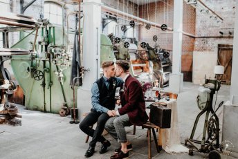 Grooms Kiss At Styled Gay Wedding Shoot At Germany Fabric Factory.1 Image By Juliabartelt 1 5 344X230