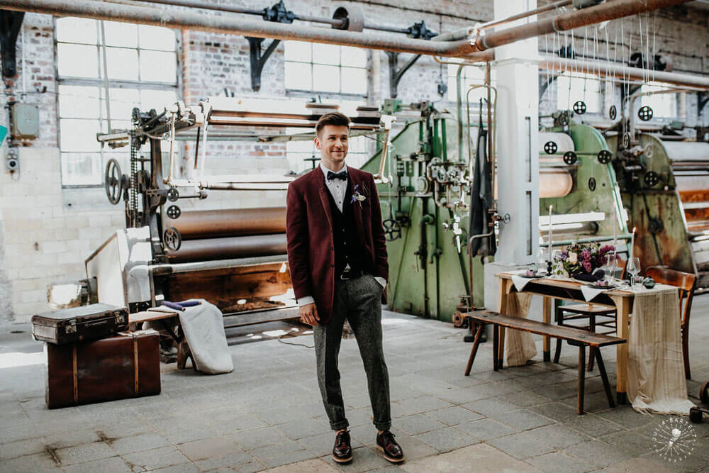 Grooms wait at styled gay wedding shoot at Germany fabric factory.1 Image by JuliaBartelt 1 1 5