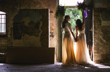 Models As Brides Holding Bouquets Up At Gothic And Purple Wedding Ideas Styled Shoot Via The Gay Wedding Guide 1 5 351X230