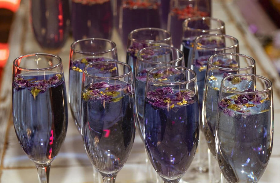 Purple drinks at Gothic and Purple wedding ideas Styled Shoot via The Gay Wedding Guide 1 5