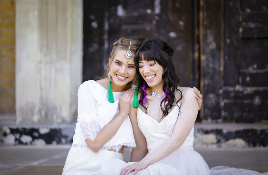 Two models as brides at Gothic and Purple wedding ideas Styled Shoot via The Gay Wedding Guide 1 5