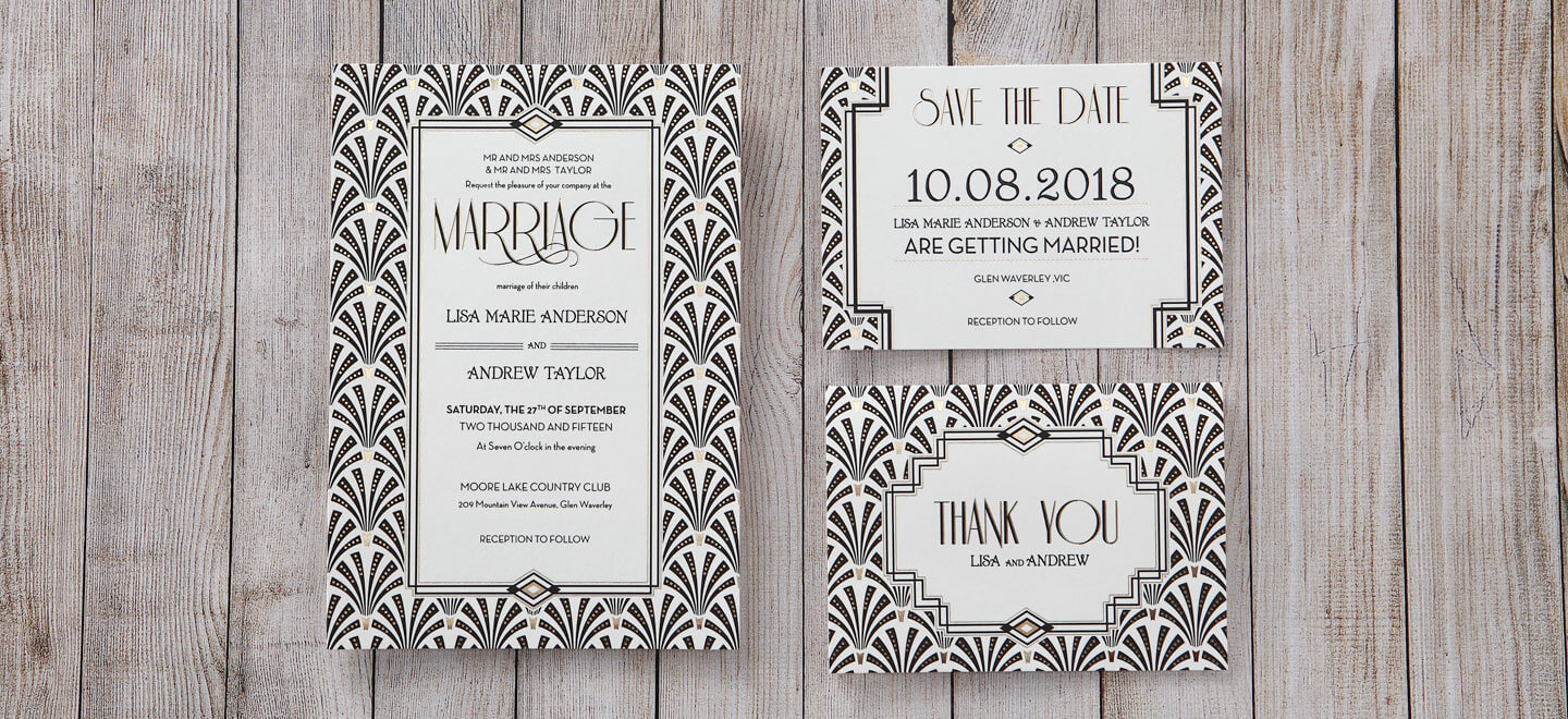 Black And White Art Deco Wedding Invitation And Save The Date By Brilliant Wedding Stationery And Laser Cut Wedding Stationery Adorn Invitations Via Gay Wedding Guide 1 2 - Wedding Stationery Trends Gay Wedding Guide