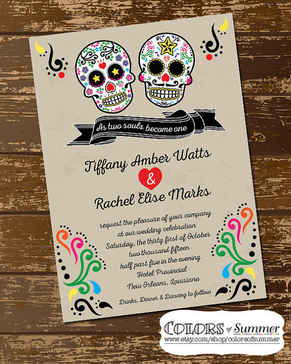 Day Of The Dead Sugar Skulls Lesbian Wedding Invitation By Colorsofsummer On Etsy 2 - 6 Style Steals: Same-Sex Wedding Theme Ideas Day Of The Dead Sugar Skulls Lesbian Wedding Invitation By Colorsofsummer On Etsy 2 - 6 Style Steals: Same-Sex Wedding Theme Ideas Gay Wedding Guide