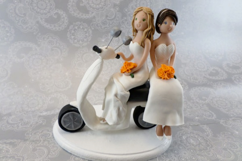 Bike Brides Lesbian Wedding Cake Topper Via Gay Wedding Guide 2 - 40 Awesome Lesbian Wedding Cake Toppers That Will Make Your Wedding Cake Stand Out Lesbian Brides On A Vespa For Lesbian Wedding Cake Toppers