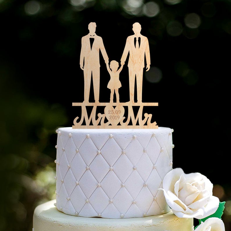 Gay Couple with Child Holding Hands Wedding Cake Topper