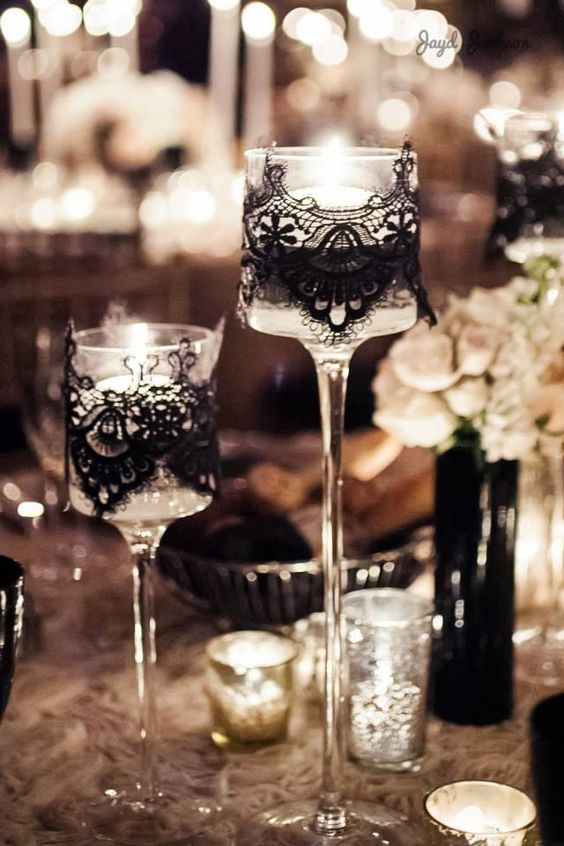 Glass Candle Holders With Black Lace Via Gay Wedding Guide 1 2 - Style Steal: 22 Masquerade Ball Same-Sex Wedding Theme Inspirations To Spice Up Your Wedding Glass Candle Holders With Black Lace Via Gay Wedding Guide 1 2 - Style Steal: 22 Masquerade Ball Same-Sex Wedding Theme Inspirations To Spice Up Your Wedding Gay Wedding Guide