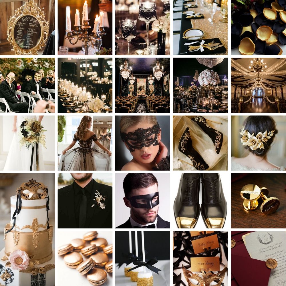 Masquerade Moodboard Via Gay Wedding Guide 2 - Style Steal: 22 Masquerade Ball Same-Sex Wedding Theme Inspirations To Spice Up Your Wedding Masquerade Moodboard Same-Sex Wedding Theme