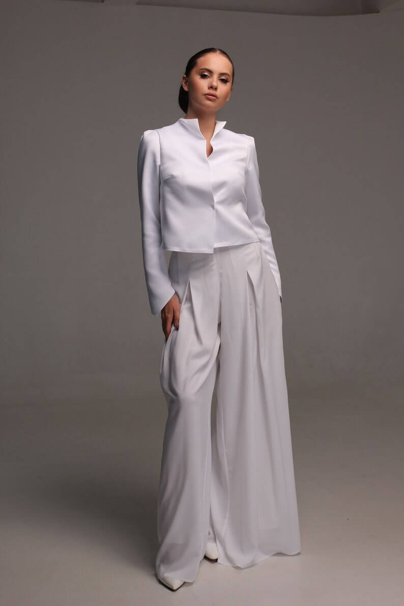 Stand Collar Jacket And Wide Leg Pants Set Of Two 1 Lesbian Wedding Suit - 30 Amazing Lesbian Wedding Suits To Look Stunning On Your Big Day Stand Collar Jacket And Wide Leg Pants Set Of Two 1 Lesbian Wedding Suit - 30 Amazing Lesbian Wedding Suits To Look Stunning On Your Big Day Gay Wedding Guide