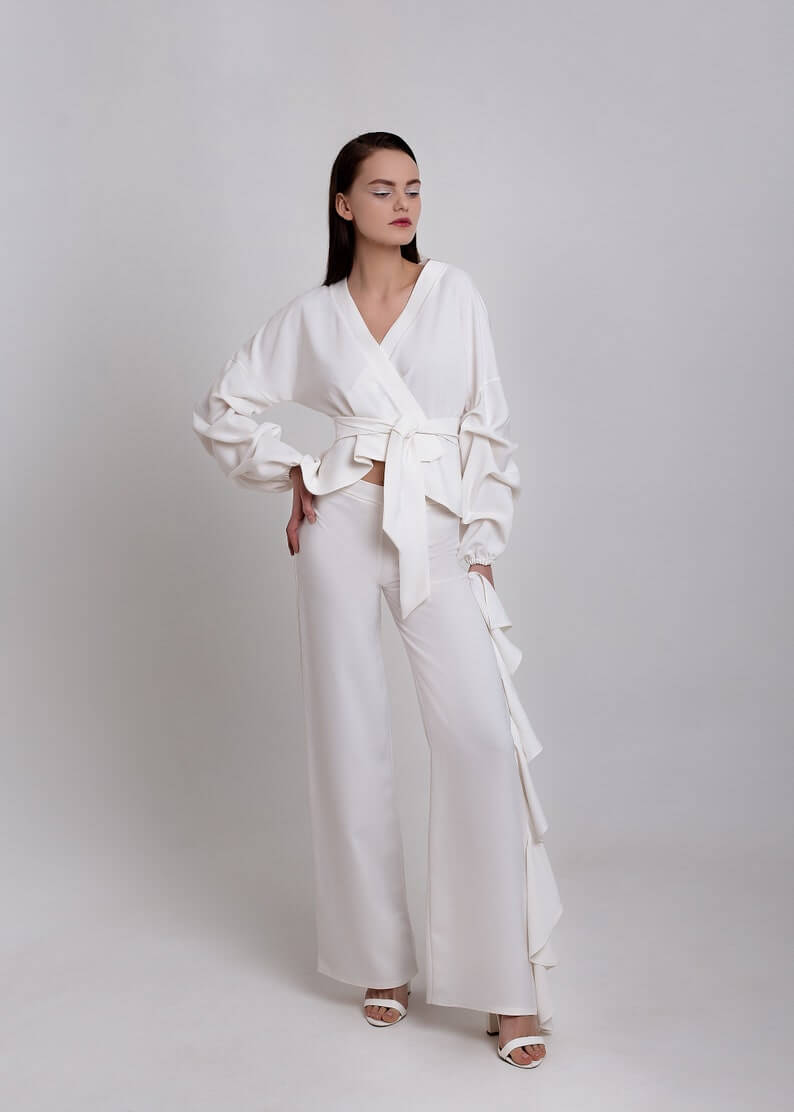 White Long Sleeve Wedding Outfit With V Neck Wedding Top 1 Lesbian Wedding Suit - 30 Amazing Lesbian Wedding Suits To Look Stunning On Your Big Day White Long Sleeve Wedding Outfit With V Neck Wedding Top 1 Lesbian Wedding Suit - 30 Amazing Lesbian Wedding Suits To Look Stunning On Your Big Day Gay Wedding Guide
