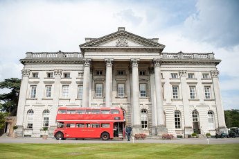 Vintage London Red Bus Arrives At Moor Park Mansion Elegant Summer Wedding Photography© Fiona Kelly Hertfordshire Wedding Photographer 345X229